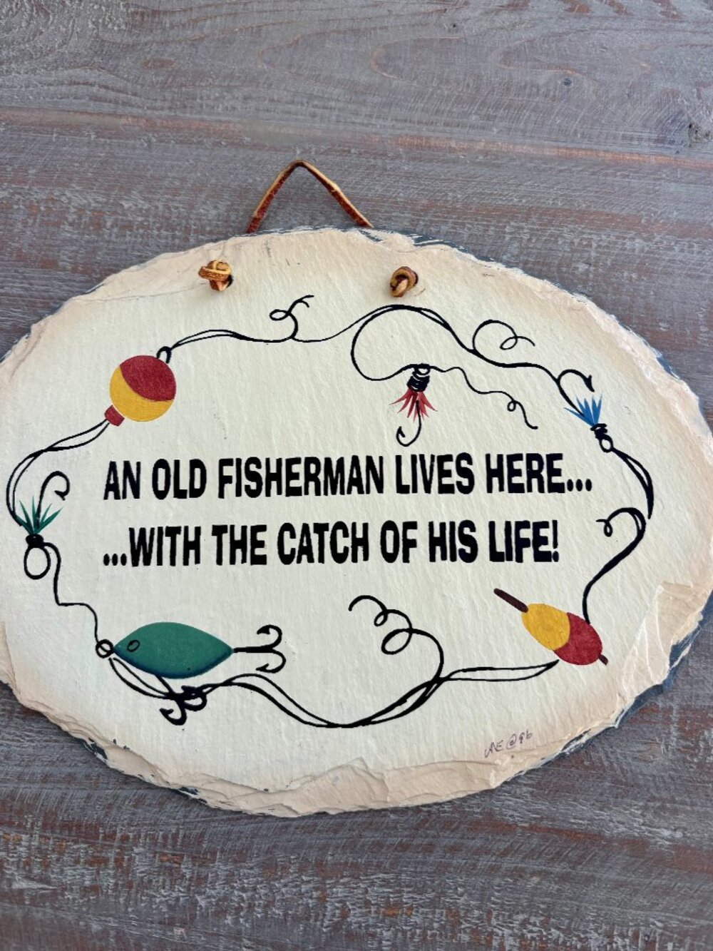 Vintage 1986 Plain Jane Handcrafted Slate Wall Sign – Signed – Fisherman Decor
